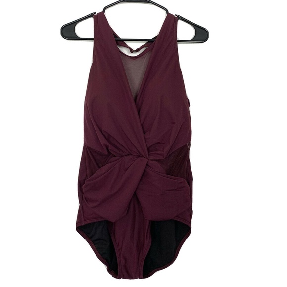 Aqua Green Burgundy Mesh Inset One Piece Swimsuit - Picture 2 of 8